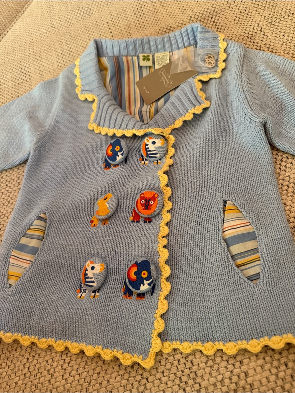 Blue Knit Baby Cardigan with Yellow Trim and Animal Appliqués